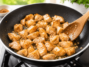 Seasoned chicken bites cooking in a single layer in a frying pan with garlic butter until lightly golden brown.