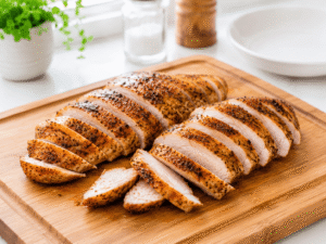 Cooked chicken breasts sliced into thin juicy pieces on a wooden cutting board in a bright kitchen setting.