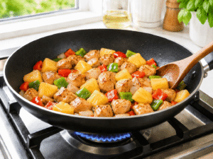 Sweet and sour chicken stir fry with pineapple chunks, bell peppers, onions, and chicken cooking in a black pan