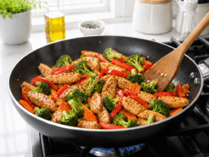 Broccoli florets, sliced bell peppers, and carrots cooking with chicken in a skillet