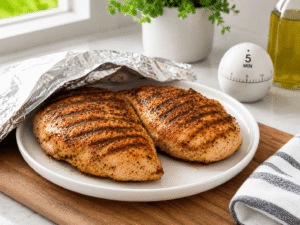 Freshly grilled chicken breasts resting on a white plate under foil to keep them juicy and tender