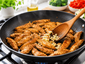 Minced garlic added to golden chicken strips in a frying pan while stirring to release fresh garlic flavor