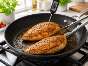 Golden brown chicken breasts finishing cooking in a skillet with a thermometer showing 165ยฐF internal temperature