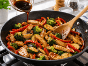 Soy sauce, oyster sauce, and sesame oil being poured into a chicken and vegetable stir fry in a black skillet.
