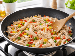 Shredded cooked chicken breast added to a skillet with bell peppers and onions and mixed together.