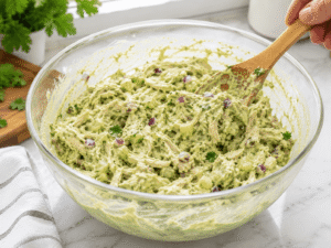 Chicken salad ingredients tossed together and evenly coated with creamy avocado dressing in a large glass bowl