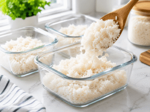 Cooked rice portioned into glass meal prep containers on a bright kitchen countertop.