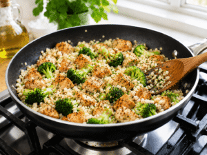 Cauliflower rice mixed with chicken, broccoli, and lemon juice in a skillet and stirred until heated through.