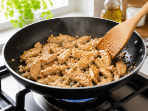 Minced garlic being stirred into cooked chicken strips in a hot frying pan with steam rising.