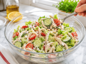 Fork lifting a bite of protein chicken salad while checking seasoning before serving.
