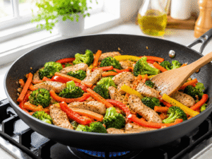 Broccoli florets, sliced carrots, and colorful bell peppers added to cooked chicken in a skillet and stirred together.