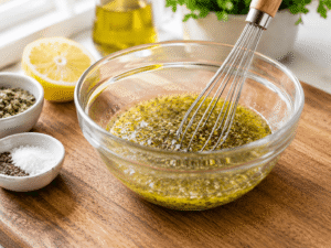 Adding Feta Cheese and Olives to a Greek Chicken Bowl