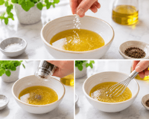 Salt and black pepper being added to the lemon garlic dressing before stirring until well combined.