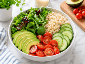 Avocado slices, cucumber rounds, and cherry tomatoes arranged around quinoa and greens in a healthy bowl