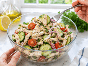 Chicken Cucumber Salad being tasted and adjusted with additional lemon juice, salt, and black pepper for balanced flavor.
