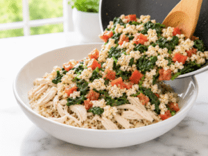 Egg white, spinach, and tomato mixture being spooned over shredded chicken and quinoa in a white serving bowl.