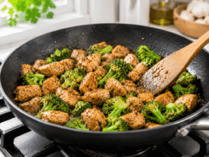 Chicken and broccoli coated with soy sauce, sesame oil, black pepper, and chili flakes in a sizzling skillet.