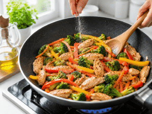 Seasoning chicken stir fry with black pepper and salt while stirring vegetables and chicken together.