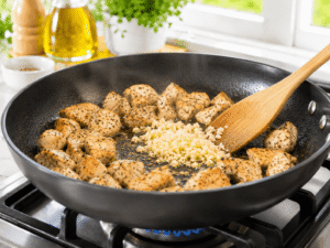 Minced garlic added to golden cooked chicken in a black frying pan while stirring with a wooden spoon.