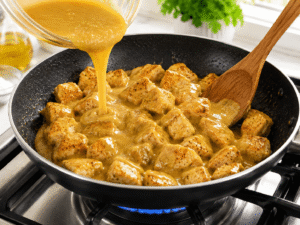 Creamy honey mustard sauce being poured over golden cooked chicken pieces in a black skillet on a stove.