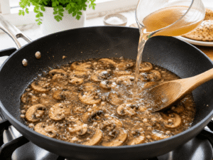 Chicken broth being poured into a mushroom skillet while the sauce simmers in a bright kitchen scene.