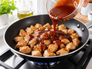 Thick BBQ sauce being poured over cooked chicken pieces in a hot skillet on a stove.