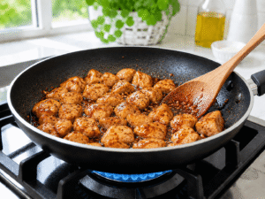 Chicken coated in glossy chili sauce with chili flakes and seasonings in a black skillet.