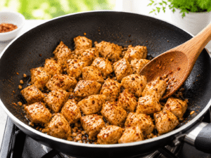 Chicken bites sprinkled with chili flakes and stirred in a garlic butter mixture in a nonstick skillet.