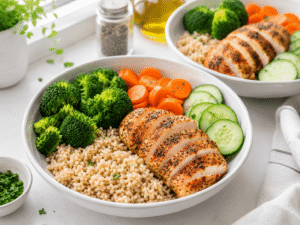 Healthy chicken bowl assembled with brown rice, sliced chicken, steamed broccoli, carrots, and fresh cucumber slices.