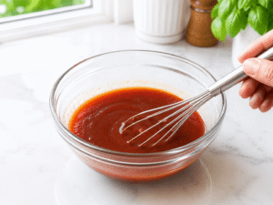 Sweet and sour sauce made with ketchup, vinegar, sugar, soy sauce, and water being mixed in a glass bowl