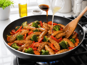 Low sodium soy sauce and lemon juice being poured over chicken and vegetables in a skillet