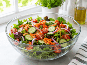 Large glass bowl filled with mixed salad greens, cherry tomatoes, cucumber slices, red onion, and shredded carrots