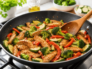 Broccoli florets, sliced zucchini, and bell peppers cooking together with chicken in a skillet until tender-crisp
