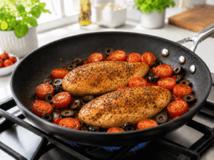 Cherry tomatoes and sliced black olives cooking with chicken in a skillet until the tomatoes soften