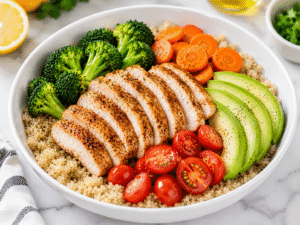 Chicken quinoa bowl assembled with sliced chicken, broccoli, carrots, avocado, and cherry tomatoes