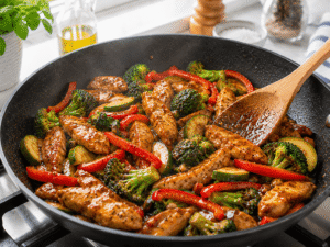 Chicken, broccoli, zucchini, and red bell peppers coated in a glossy sauce while finishing cooking in a skillet.