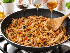 Soy sauce, sesame oil, and honey being added to shredded chicken and vegetables in a skillet to create a flavorful sauce.