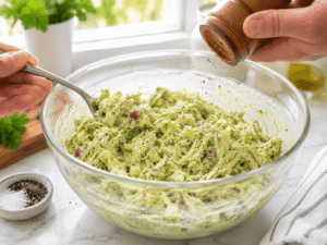 Fresh avocado chicken salad being tasted and seasoned with additional black pepper in a bright kitchen