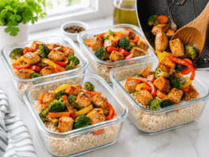 Cooked chicken and vegetables spooned over rice in meal prep containers for a healthy balanced meal.