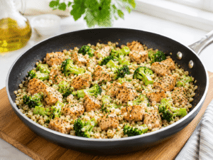Cooked keto chicken and cauliflower rice mixture resting in a skillet removed from the heat.