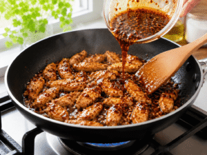 Spicy garlic sauce being poured over cooked chicken strips in a frying pan and mixed evenly.