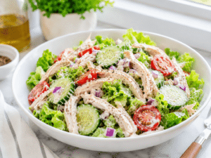 Healthy protein chicken salad served in a white bowl with shredded chicken, lettuce, cucumber, cherry tomatoes, red onion, and creamy dressing.
