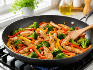 Chicken and vegetables cooking together in a skillet until tender yet slightly crisp with vibrant colors.