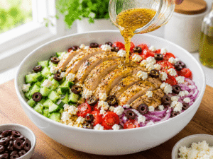 Fresh Greek dressing being poured over chicken, vegetables, feta cheese, olives, and quinoa in a serving bowl.