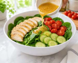 Homemade lemon garlic dressing being poured over spinach, chicken, cucumber, and tomatoes in a large salad bowl.