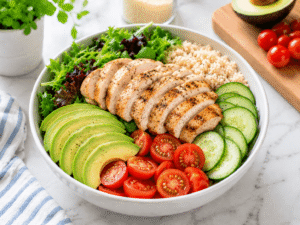 Sliced grilled chicken breast placed on top of quinoa, greens, avocado, cucumber, and cherry tomatoes