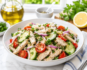 Finished Chicken Cucumber Salad topped with fresh parsley and served with cooked chicken breast, cucumber, cherry tomatoes, red onion, olive oil, lemon juice, garlic, salt, and black pepper.