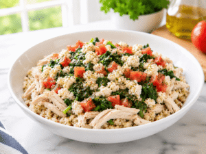 Finished 15-Minute Chicken Egg White Bowl with shredded chicken, fluffy egg whites, spinach, tomatoes, and quinoa served warm in a white bowl.
