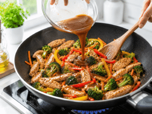 Prepared stir fry sauce being poured into the pan and mixed with chicken and vegetables until thick and glossy.