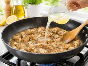 Fresh lemon juice and chicken broth being poured into a skillet with cooked chicken and bubbling sauce.